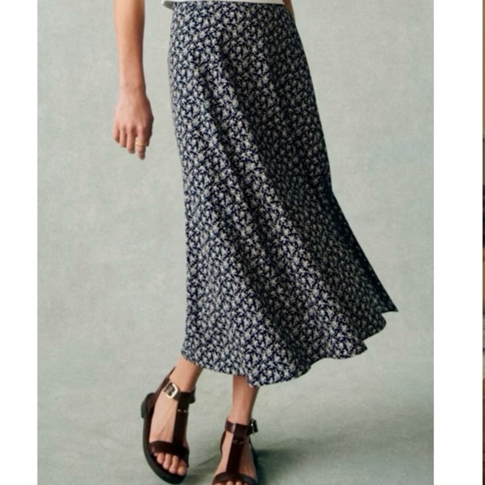 Sezane Navy Floral Bias Midi Skirt